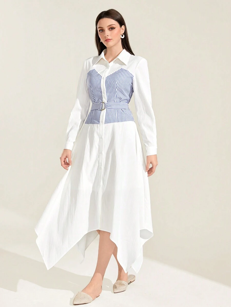 Mulvari Striped Print Asymmetrical Hem 2 In 1 Dress - White - View 1