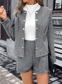 SHEIN Frenchy Nút phía trước Xương cá trích Áo khoác & Quần short - Màu xám đen - Xem 1