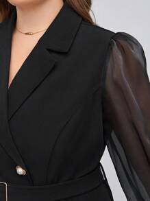 BizChic Damenanzug Jacke Und Kleid Mit Doppelreihigem Gürtel In Plus-größe, Schwarz Mit Mesh-einsatz Und Ballonärmel - Schwarz - Übersicht 11