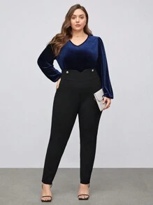 BizChic Plus V Neck Lantern Sleeve Velvet Tee - Navy Blue - View 1