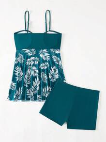 Swim Lushoire Summer Beach Tropical Print Ruched Dress Swimsuit - Teal Blue - View 4