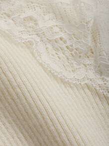 DAZY 蕾絲拼接條紋針織套頭毛衣 - 杏色 - 查看 3