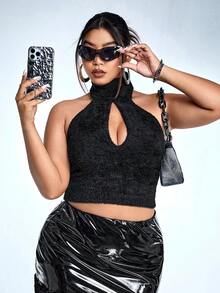 SHEIN ICON Hơn 	
Fuzzy Cắt ra Halter Neck Knit ngọn - màu đen - Xem 4
