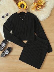 RueChic Tween Girl Cable Knit Drop Shoulder Sweater & Knit Skirt - Black - View 1