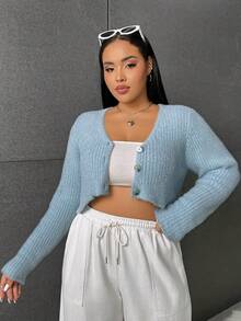 SHEIN EZwear Plus Fuzzy Ribbed Knit Crop Cardigan - Mint Green - View 5
