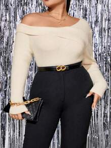 SHEIN Unity Pull asymétrique à col plissé en tricot côtelé, pull-over tricoté pour l'automne et l'hiver - Beige - Voir 4