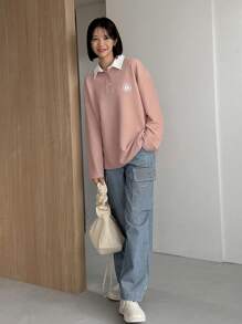 FRIFUL Letter Graphic Contrast Collar Drop Shoulder Polo Neck Tee - Pink - View 4