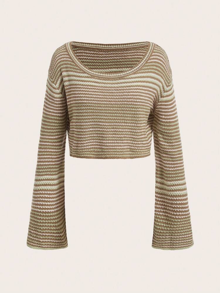 Striped Pattern Drop Shoulder Crop Sweater