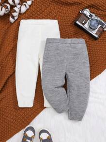 SHEIN 男嬰2入組素色條紋針織長褲 - 彩色 - 查看 1