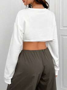 Muchica Solid Drop Shoulder Super Crop Sweatshirt Without Cami Top - White - View 2