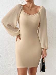 SHEIN Privé 抽褶細節後背繫帶燈籠袖緊身洋裝 - 杏色 - 查看 2