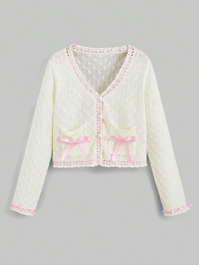 Kawaii Contrast Trim Bow Front Cardigan