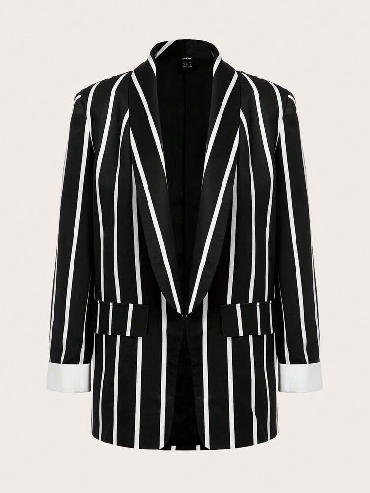 Striped Print Shawl Collar Open Front Blazer