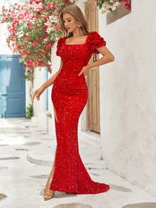 Vestido formal con lentejuelas y muslo dividido con manga abullonada y cuello cuadrado - Rojo - Ver 5