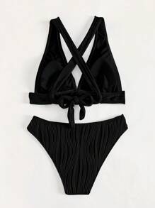 SHEIN Swim Summer Beach Plain Criss Cross Tie Back Bikini Set - Black - View 7
