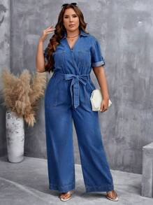 SHEIN LUNE 大碼補丁貼口袋腰帶牛仔連身褲