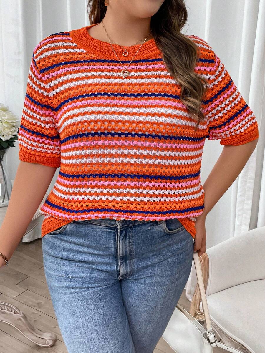 SHEIN Franclia 休閒條紋大碼針織上衣 - 橘色 - 查看 1