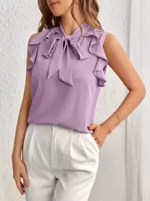 SHEIN Privé Tie Neck Solid Blouse - Purple - View 1