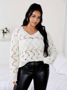 SHEIN Unity Plus Pointelle Knit Drop Shoulder Sweater Knit Pullover Fall Winter Outfit - Multicolor - View 6