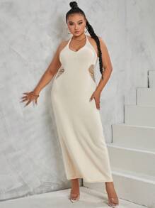 Flirla Plus Tie Backless Halter Sweater Dress - Apricot - View 4