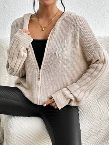 SHEIN Essnce Dây kéo Thả vai áo có mũ Áo len Mở - Màu be - Xem 3