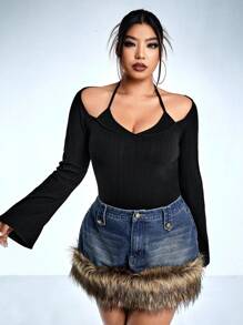 SHEIN ICON Plus Tie Back Halter Neck Tee - Black - View 2