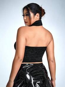 SHEIN ICON Hơn 	
Fuzzy Cắt ra Halter Neck Knit ngọn - màu đen - Xem 6