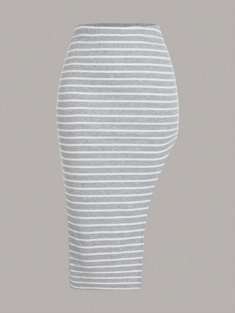 SHEIN EZwear Striped Print Pencil Skirt - Light Grey - View 1