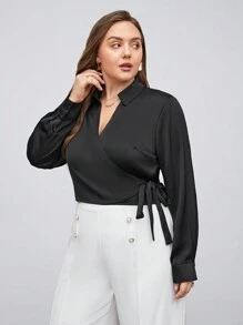BizChic Plus Solid Knot Side Wrap Blouse - Black - View 4