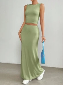 Muchica Solid Crop Tank Top & Skirt - Green - View 3