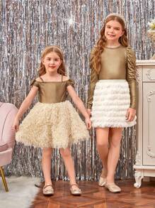 SHEIN Váy viền tua rua Tween Girl không cần thắt lưng - Màu be - Xem 2