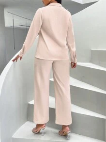 SHEIN Slayr Solid Button Front Shirt & Crop Cami Top & Pants - Apricot - View 2