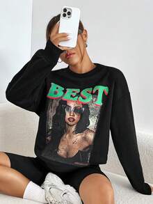 Letter & Figure Graphic Drop Shoulder Sweatshirt - Black - View 6