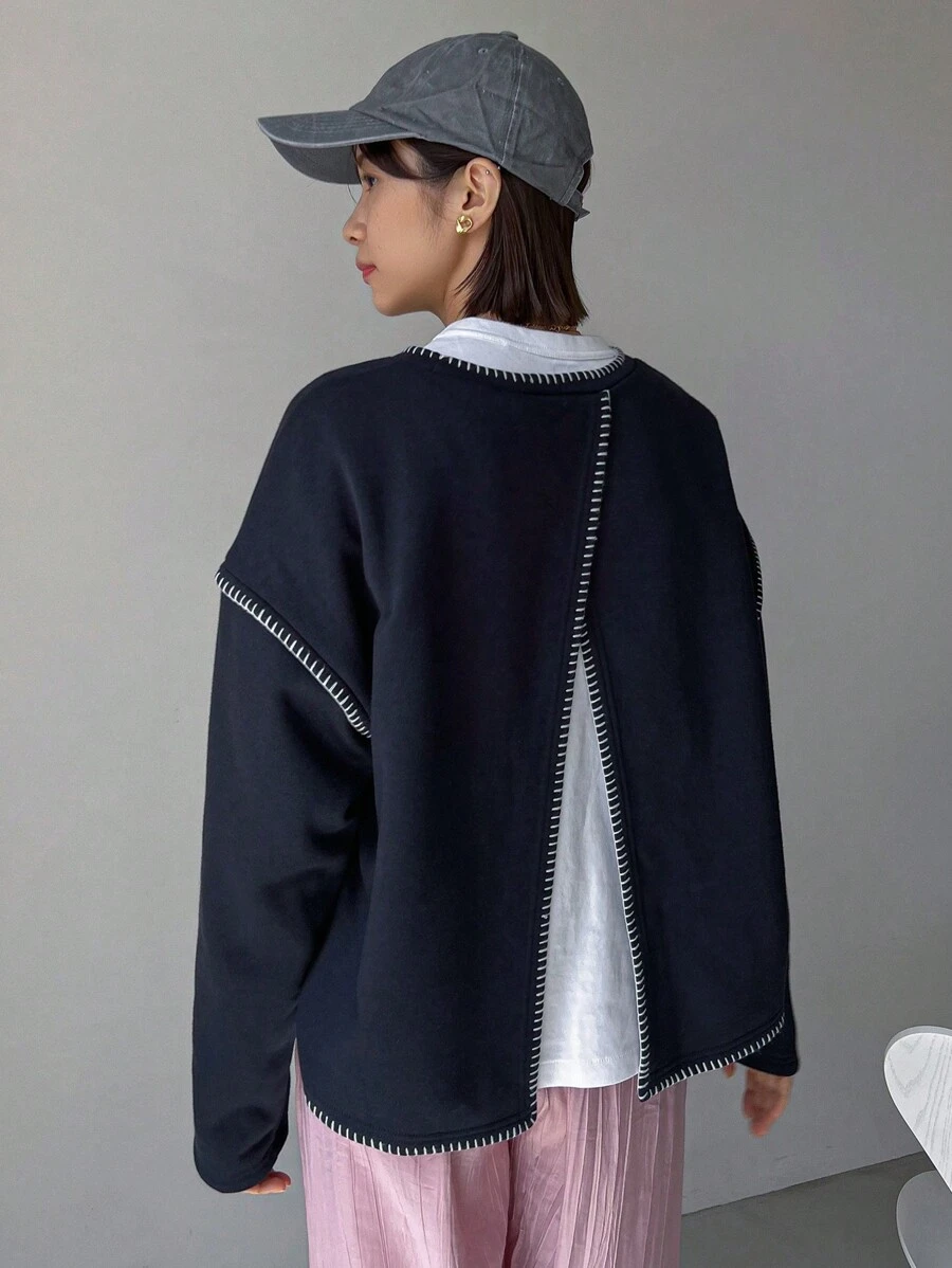 FRIFUL Top-Stitching Split Back Drop Shoulder Sweatshirt Without Tee,Fall Clothes - Navy Blue - View 1