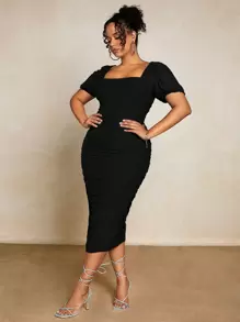 SHEIN BAE 加大方领褶饰紧身连衣裙，女士生日礼服 - 黑色 - 查看 4