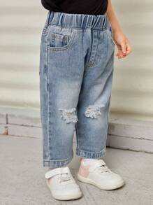 Baby Girl Elastic Waist Ripped Straight Leg Jeans - Light Wash - View 3