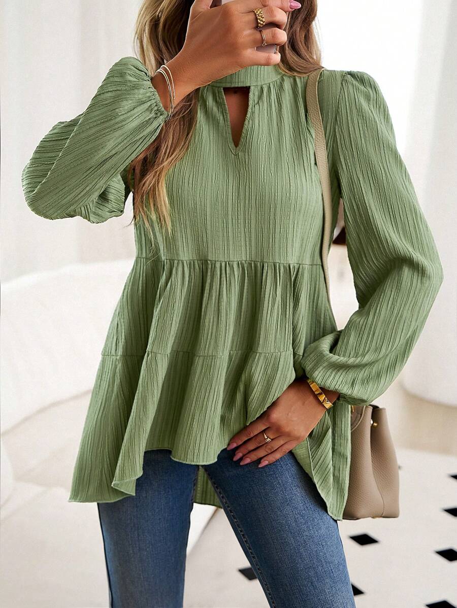 SHEIN LUNE Đường viền lỗ khóa Tay áo lồng đèn Xù Hoa Sen áo choàng Áo - màu xanh lá - Xem 1