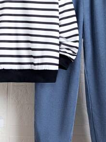 SHEIN Chico preadolescente Pantalones deportivos con sudadera de rayas de cuello en contraste - Multicolor - Ver 4