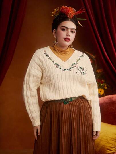 Frida Kahlo X SHEIN Talla grande Jersey con bordado floral de hombros caídos tejido de cable