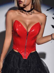 SHEIN ICON Top corsé PU con cremallera - Rojo - Ver 6
