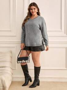 SHEIN Frenchy 大碼落肩袖下擺開叉套頭毛衣 - 深灰色 - 查看 4