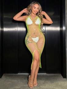 Allurite Rhinestone Studded Fishnet Split Thigh Halter Dress Without Lingerie Set - Green - View 1