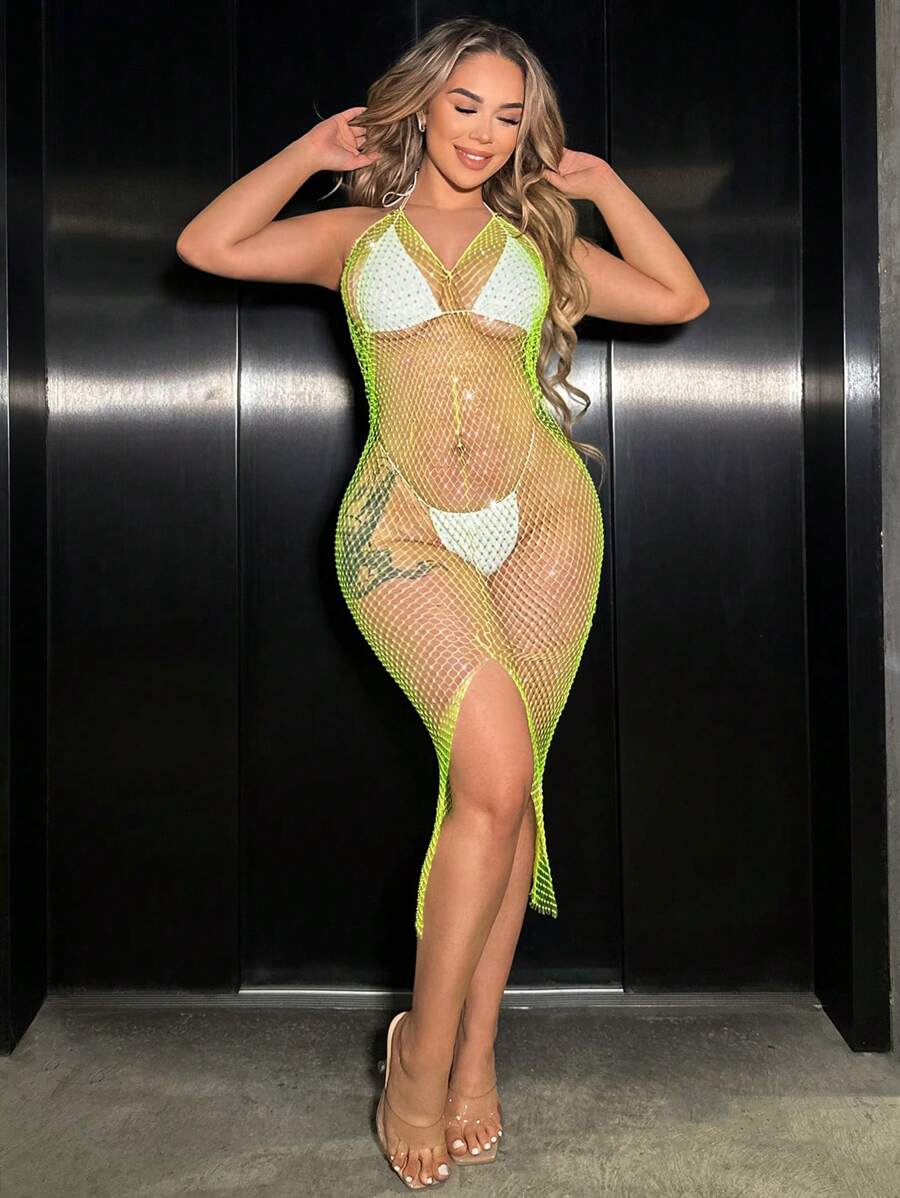 Allurite Rhinestone Studded Fishnet Split Thigh Halter Dress Without Lingerie Set - Green - View 1