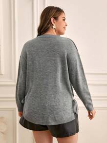 SHEIN Frenchy 大碼落肩袖下擺開叉套頭毛衣 - 深灰色 - 查看 6
