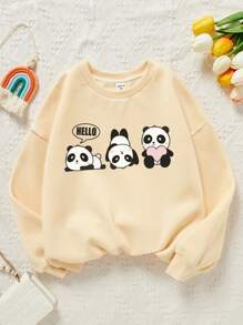 SHEIN Tween Girl Panda & Letter Graphic Thermal Lined Sweatshirt - Beige - View 1