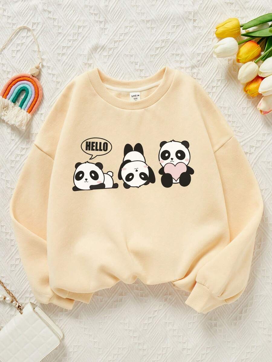SHEIN Tween Girl Panda & Letter Graphic Thermal Lined Sweatshirt - Beige - View 1