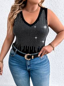 Celure Plus Rhinestone Detail Tank Bodysuit - Black - View 4