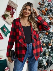 SHEIN Maternity Gingham Print Waterfall Collar Coat - Red - View 5