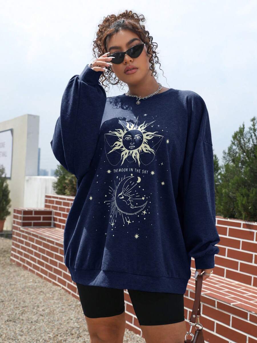 SHEIN EZwear 大碼日月圖案落肩袖運動衫 - 藏蓝色 - 查看 1