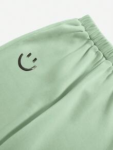 SHEIN Tween Boy Cartoon Face Print Hoodie & Sweatpants - Green - View 4